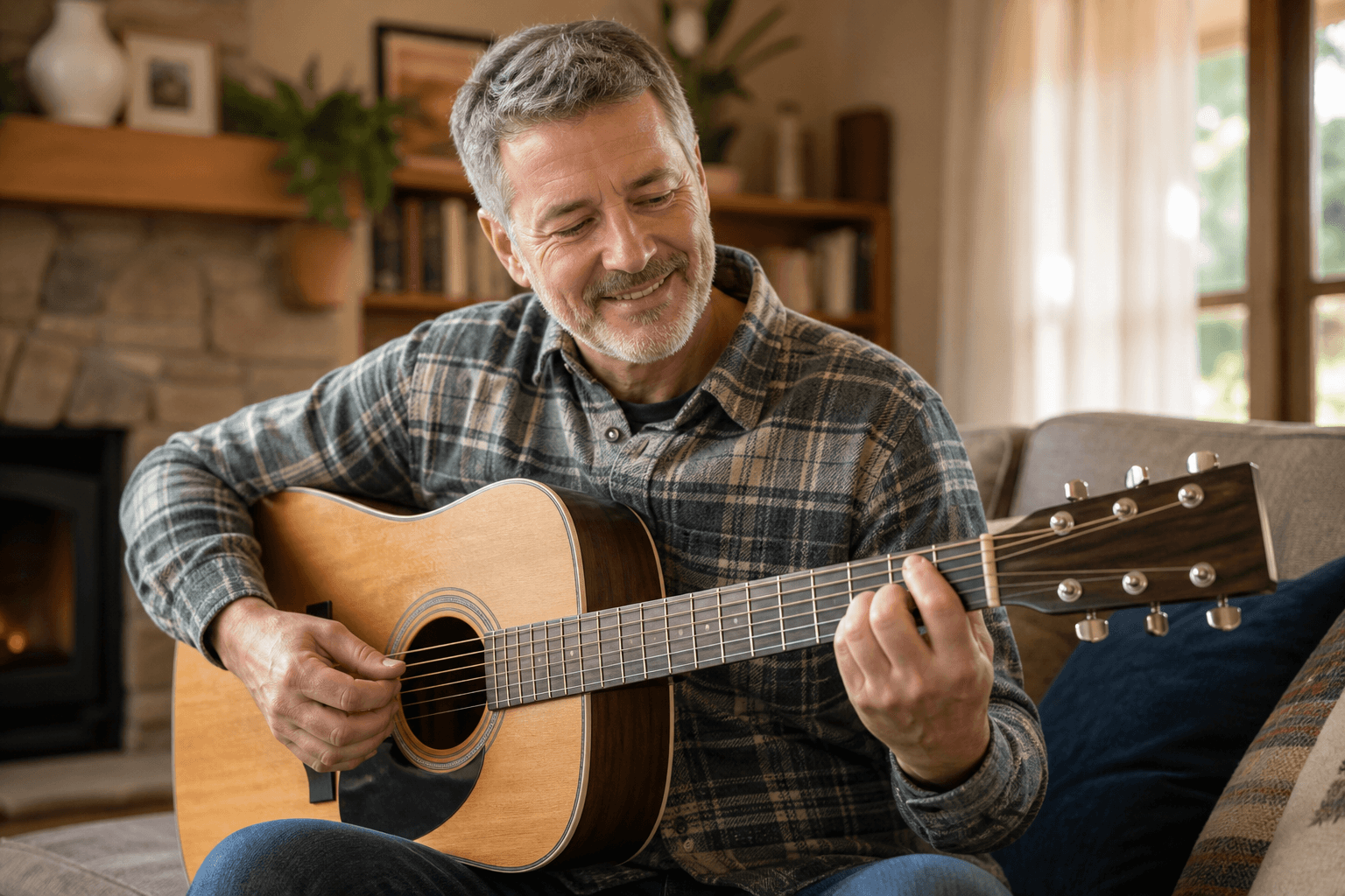 A man playing acoustic guitar at home by the fireplace