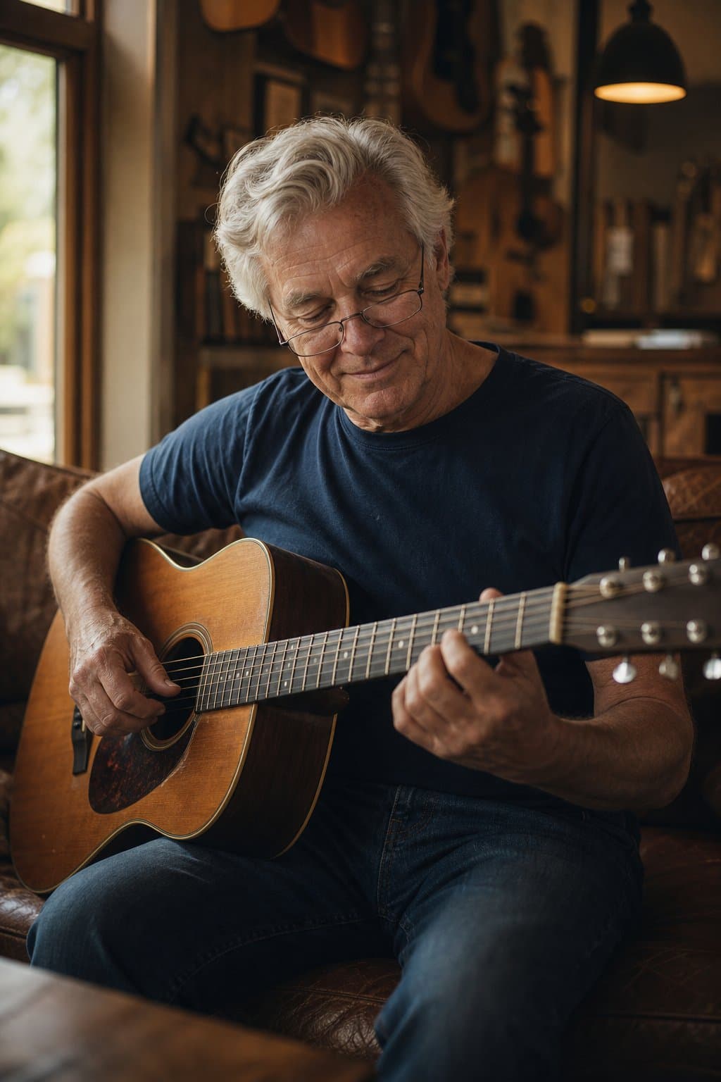 An older man playing acoustic guitar on a leather couch in a warm, lived-in room