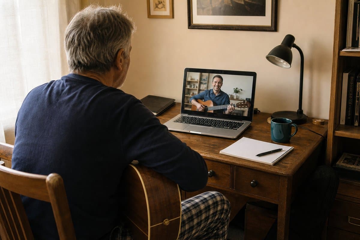 An older student learning guitar from home on a video call with his coach